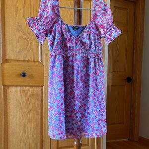 Floral Puff-Sleeve Mini Dress - Pink & Blue